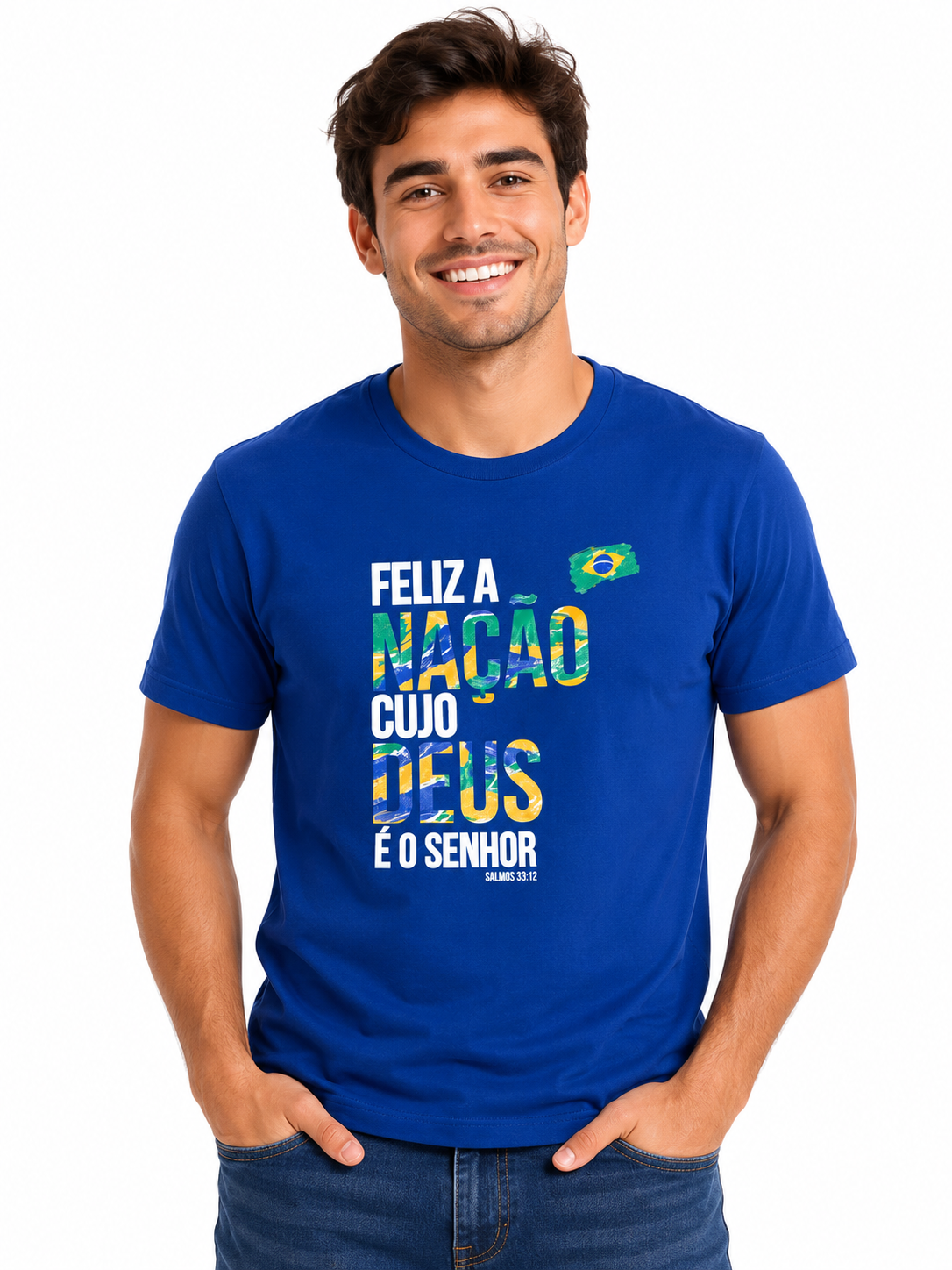 T-Shirt Masculina Feliz A Nacao Cujo Deus E O Senhor - Azul