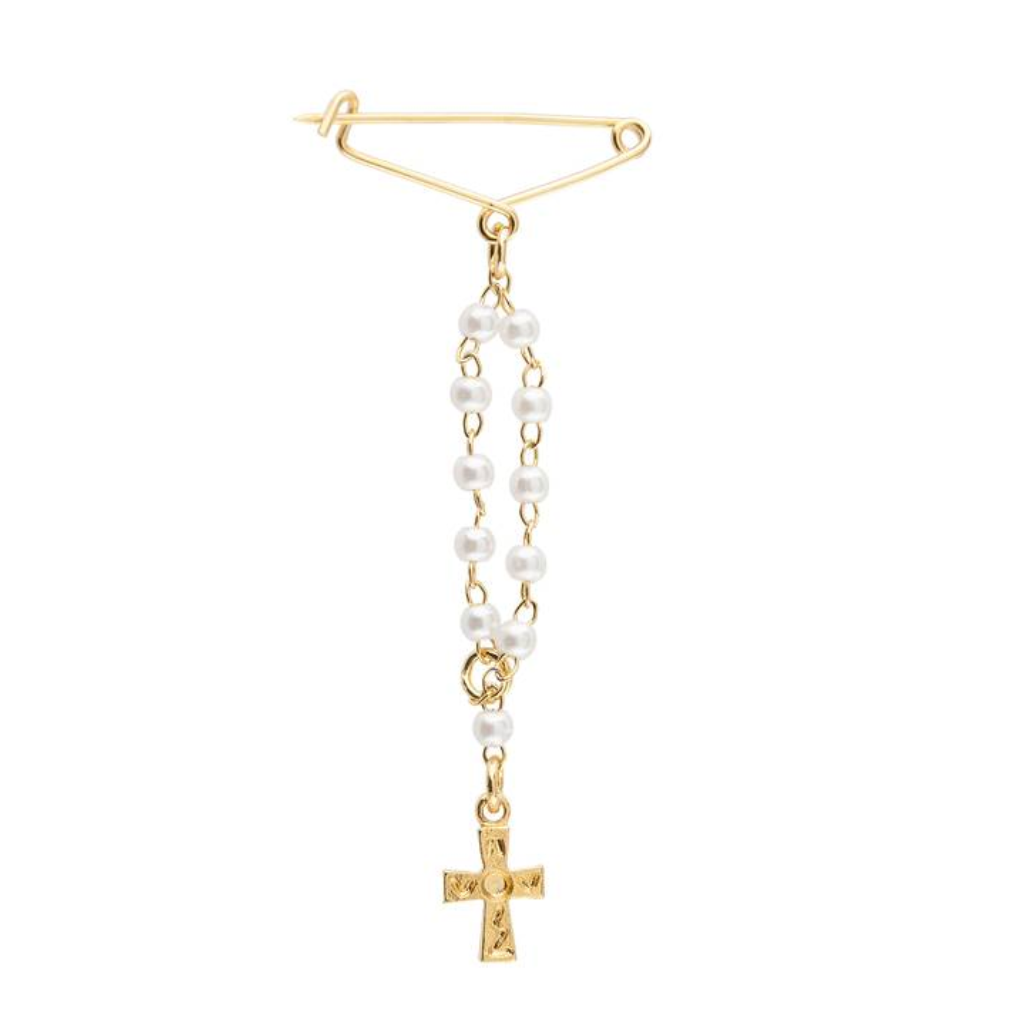 Brooch Rosary Cream Pearl Gold with Cross