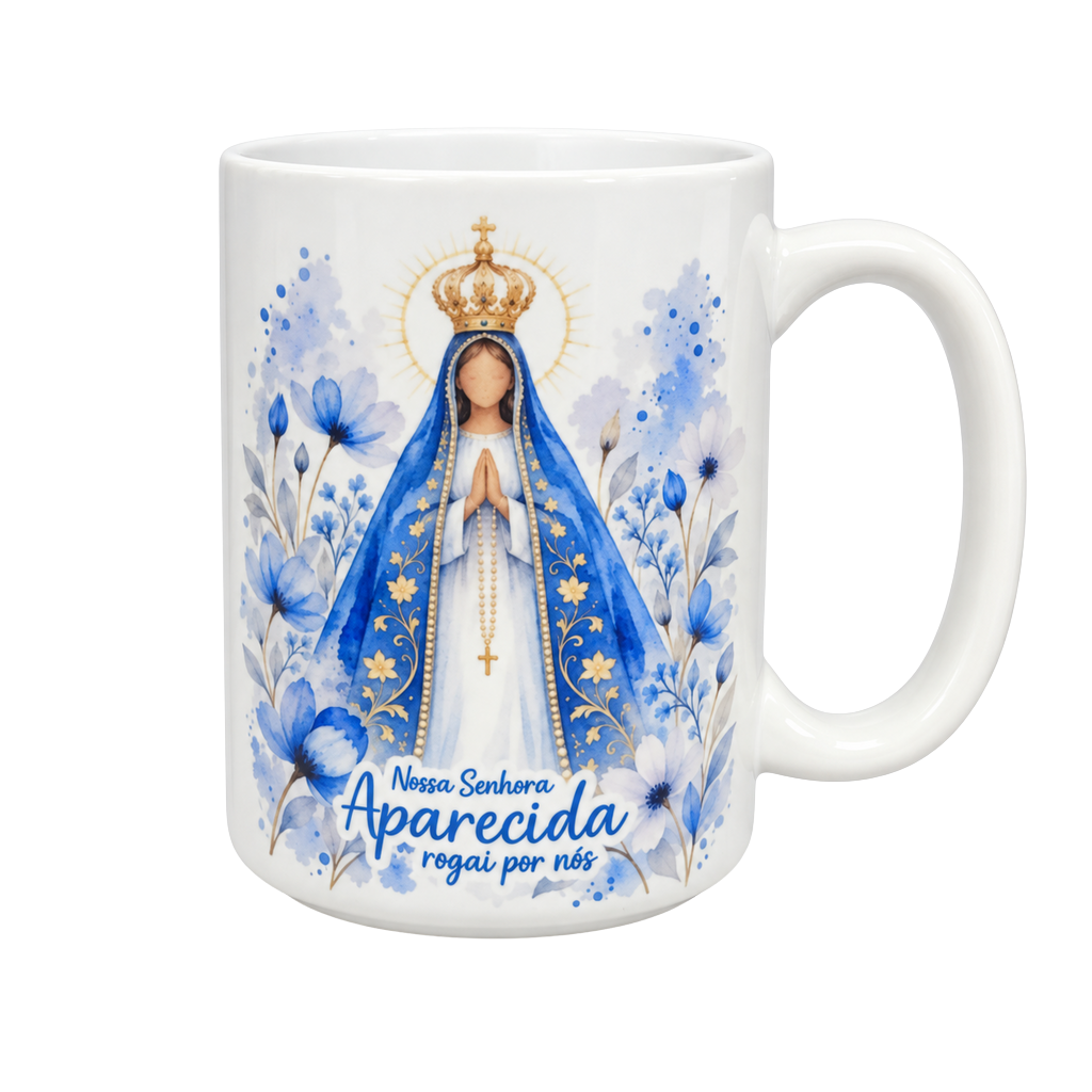 Caneca Nossa Senhora Aparecida Floral Azul