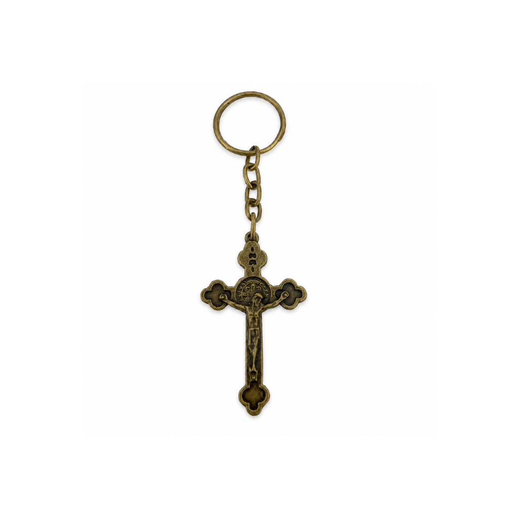 Chaveiro Crucifixo São Bento Dourado Envelhecido