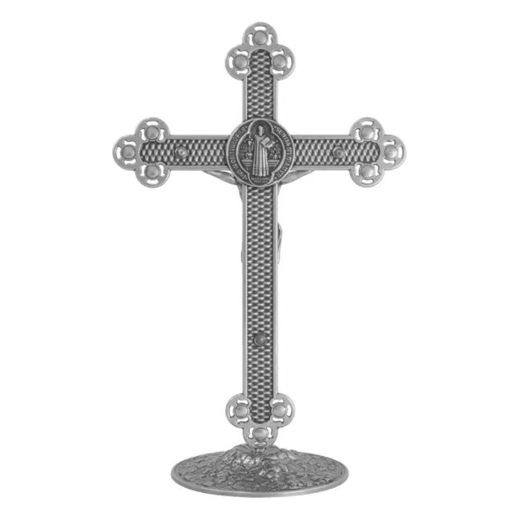 Crucifixo com a Medalha de São Bento Prata Velha 25cm Com Strass