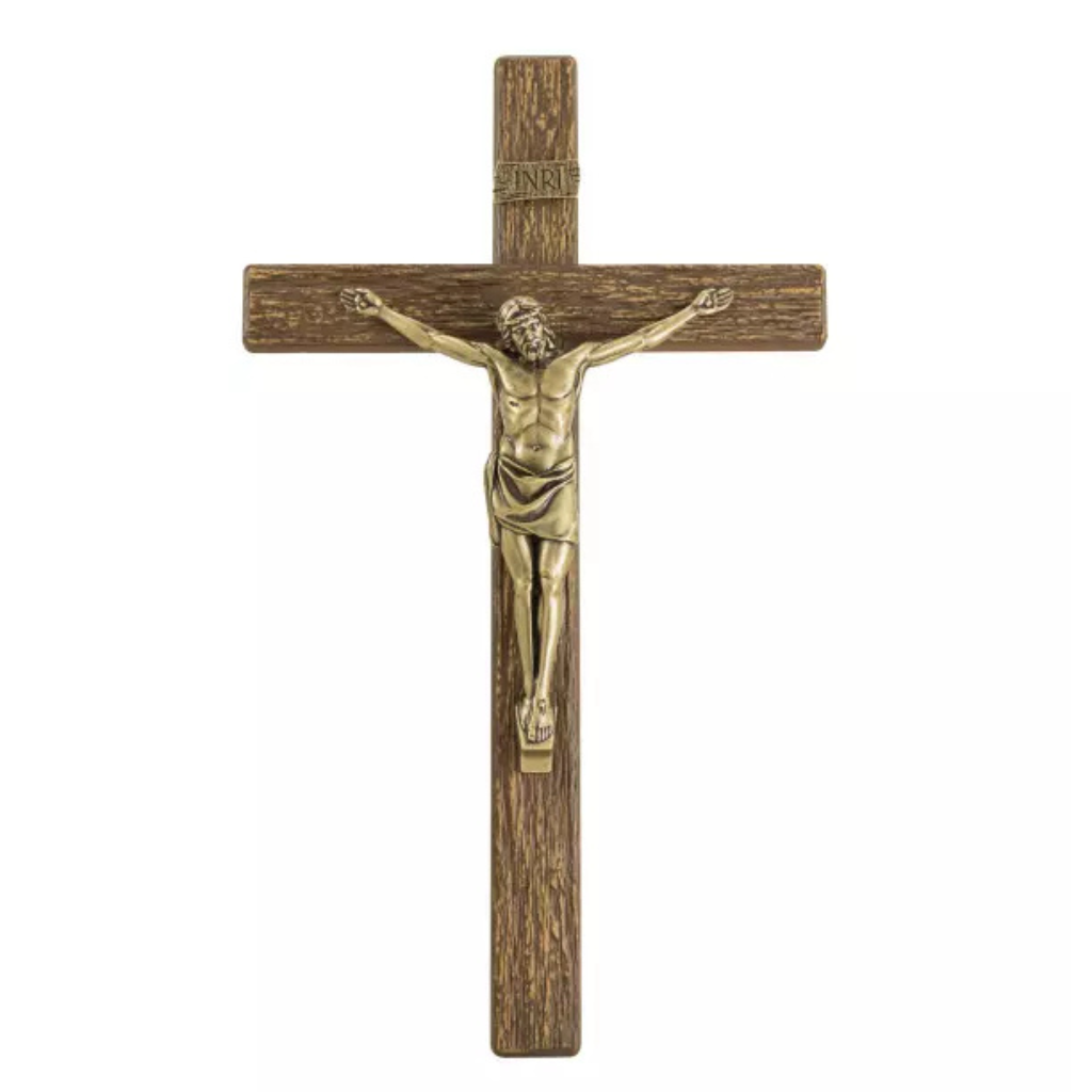 Crucifixo em Metal com Acabamento Amadeirado Cristo Ouro Velho 34cm
