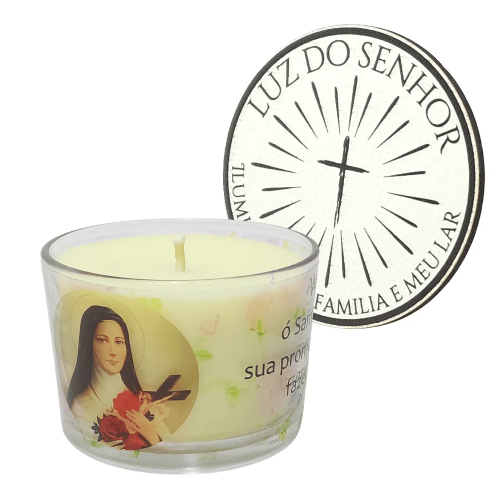 Vela Aromática de Santa Teresinha no Copo de Vidro com Tampa