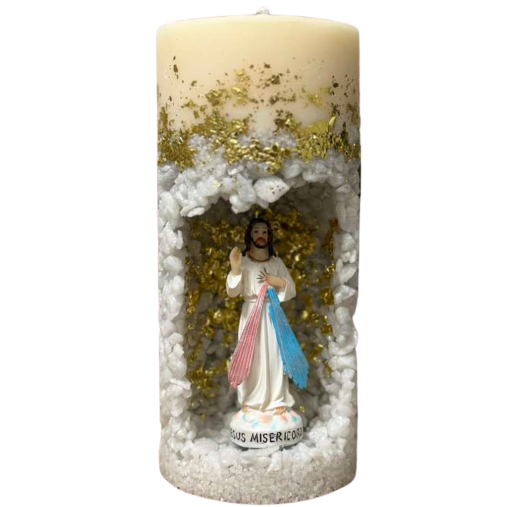 Vela Jesus Misericordioso – Artesanal Com Pedras e Detalhes Dourados