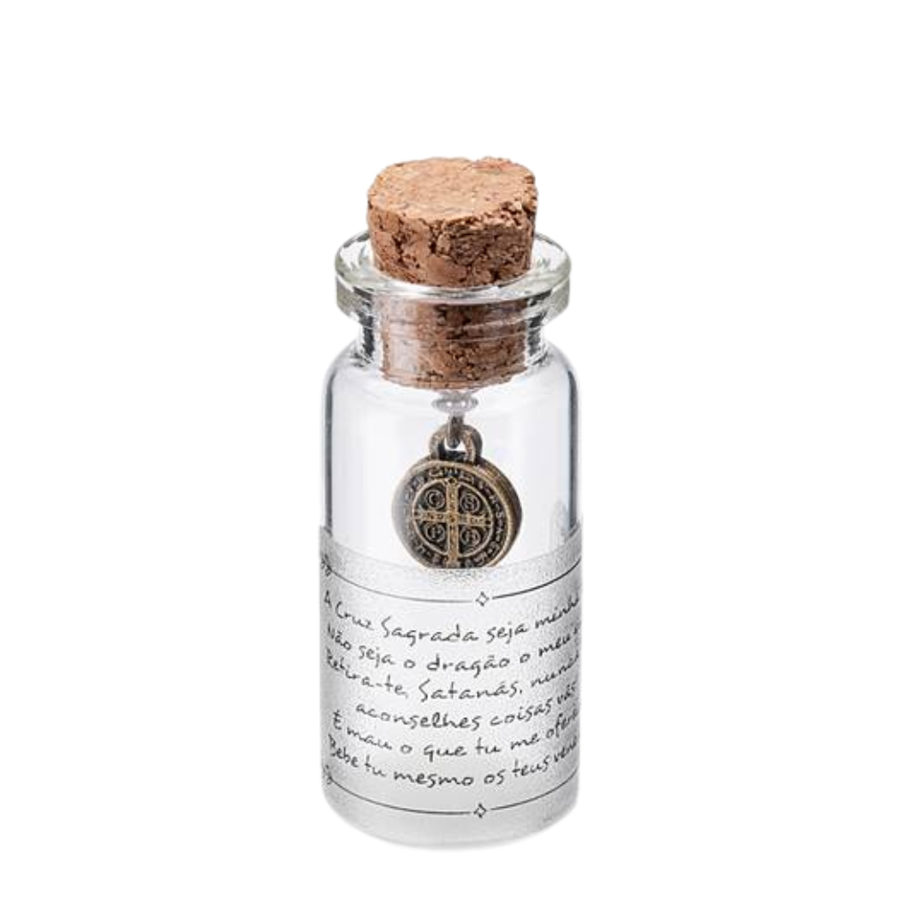 Souvenir Pendant Medal of Saint Benedict in a Small Glass Jar