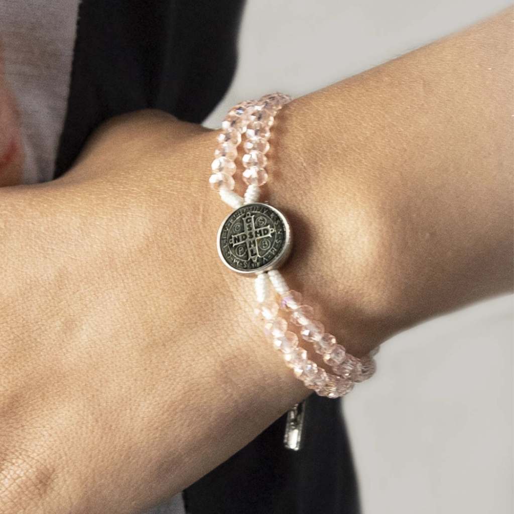St. Benedict Pink Crystal Rosary Bracelet