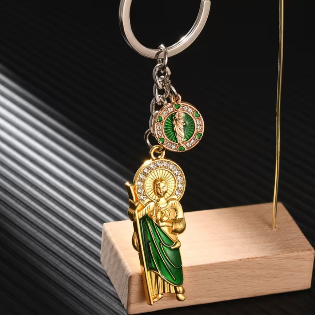Green Saint Jude Keychain with Rhinestones