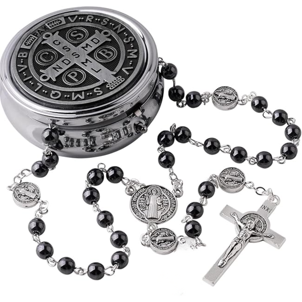 St. Benedict Hematite Rosary - With Box