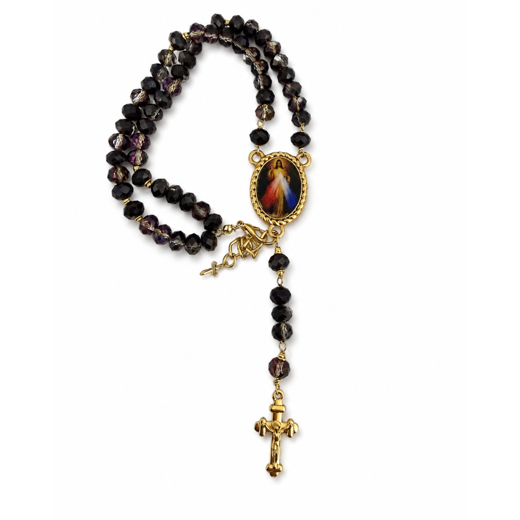 Pulseira Terço Jesus Misericordioso Cristal Preto