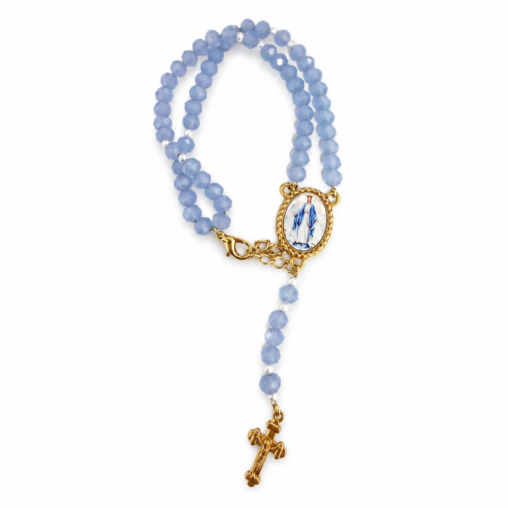 Pulseira Terço Nossa Senhora das Graças Cristal Azul