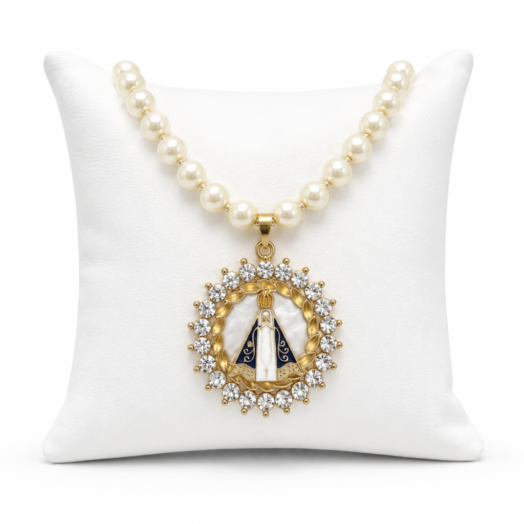 Colar de Pérolas Nossa Senhora Aparecida com Strass