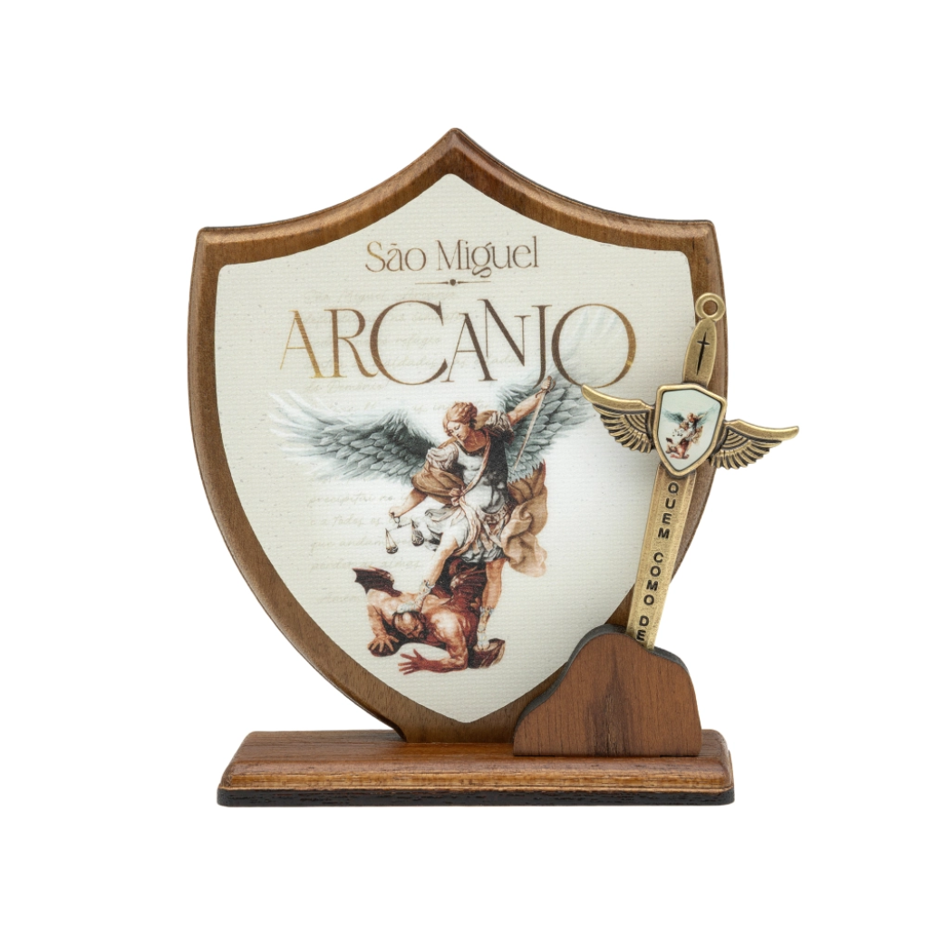 Adorno Madeira Escudo e Espada São Miguel Arcanjo