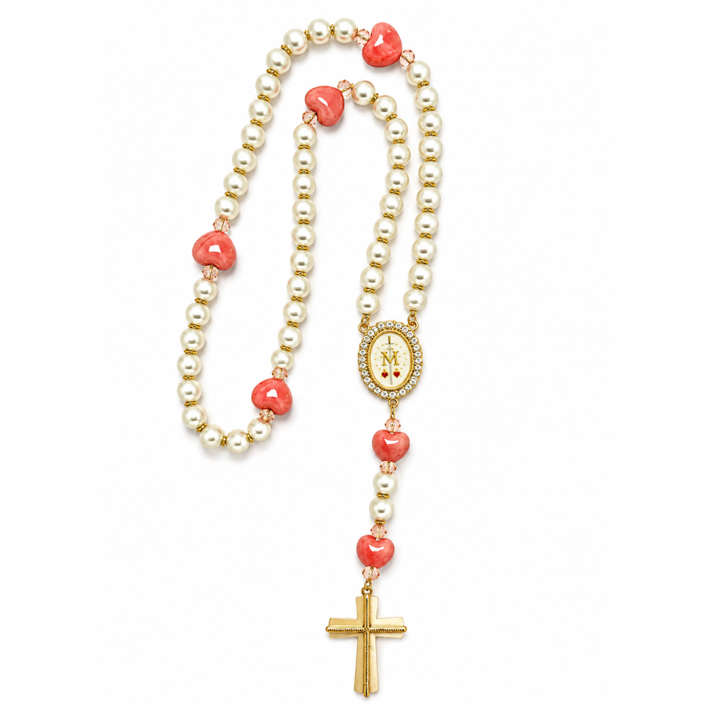 Terço Mariano com Pérolas de Vidro e Corações Rosa