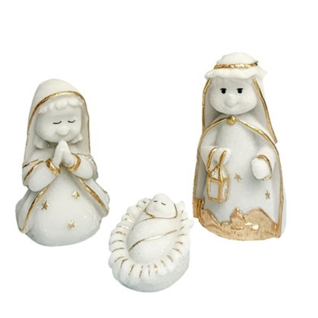 Imagem Sagrada Família Mini Presépio em Mármore Detalhe Dourado - 8 cm