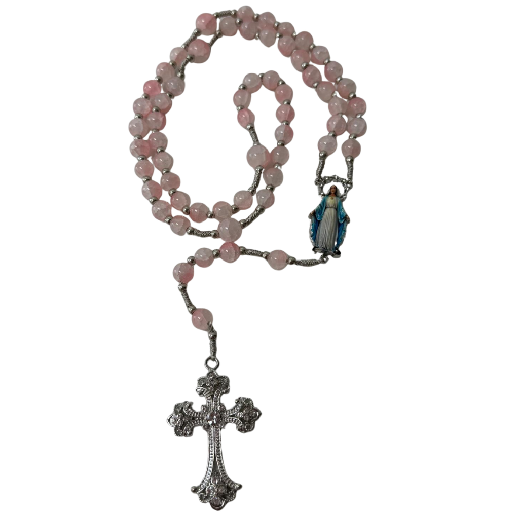 Rosary with Pink Stone Beads and Our Lady of Graces - Light Pink