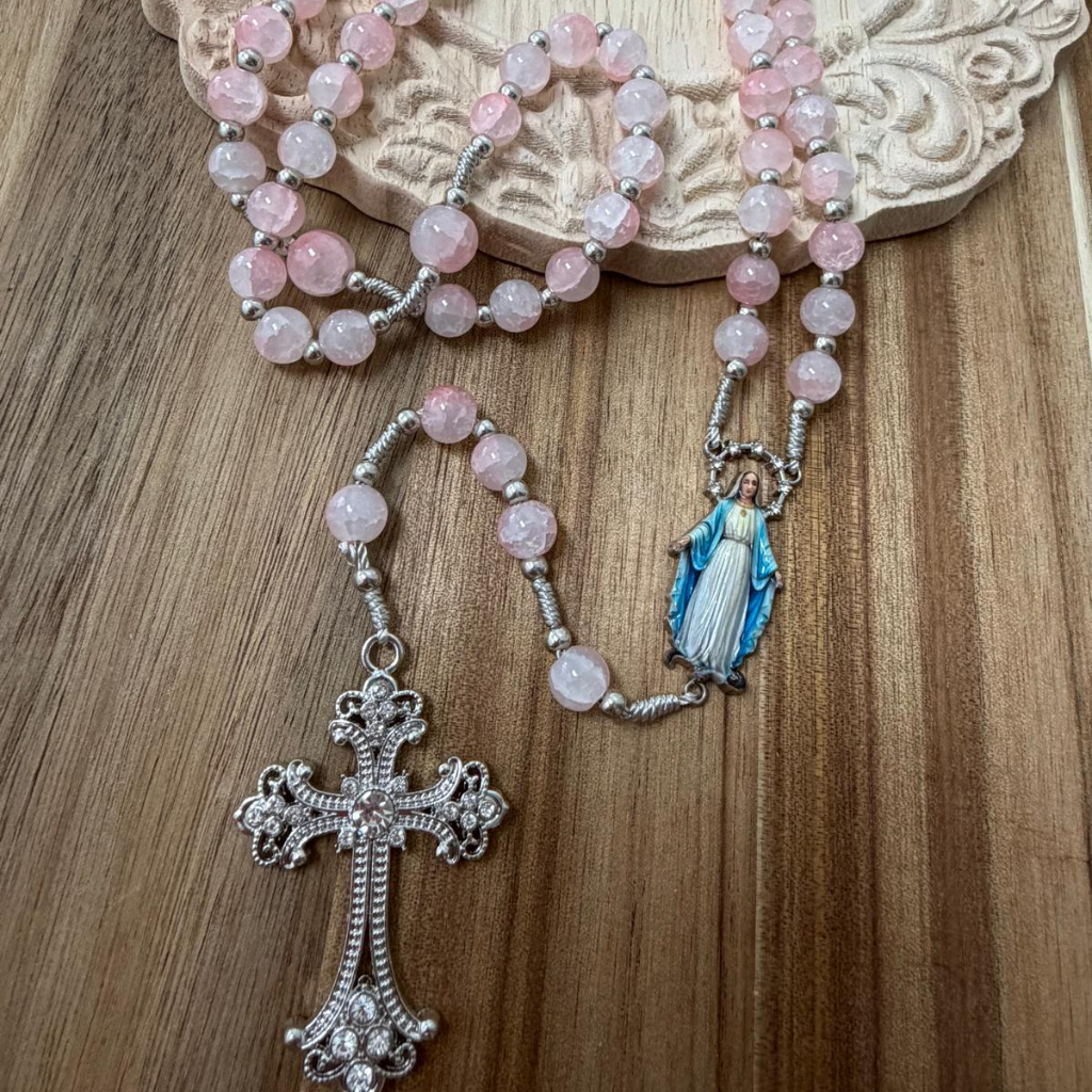 Rosary with Pink Stone Beads and Our Lady of Graces - Light Pink
