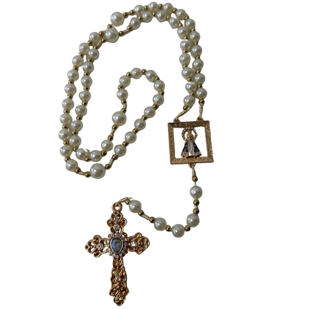Terço de Pérola com Entremeio Nossa Senhora Aparecida – Branco