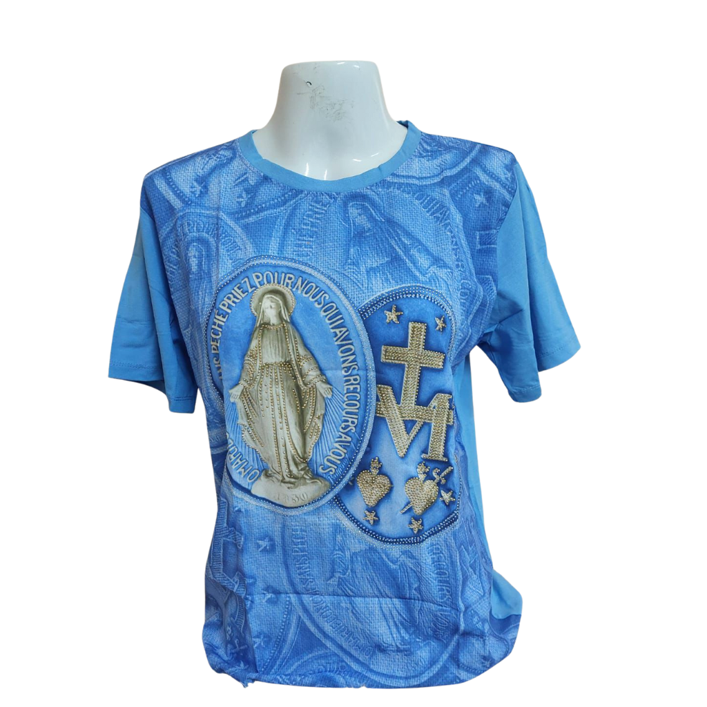 Baby Look Medalha Milagrosa com pedrarias