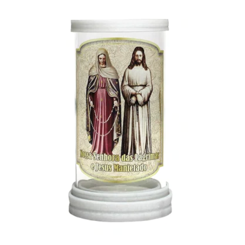 Glass Candle Holder with Marble Base of Our Lady of Tears and Jesus Manacled
