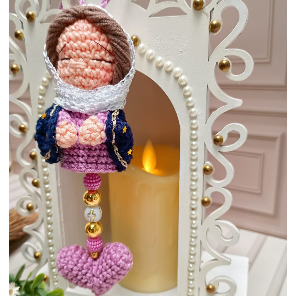 Rearview Mirror Pendant with Crochet Saint – 7cm