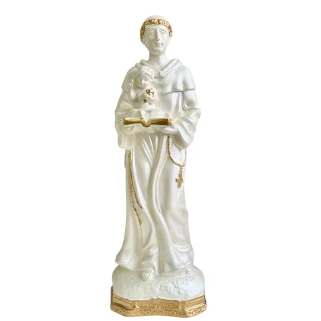 St. Anthony Statue 30cm White Pearlescent Gold Plaster