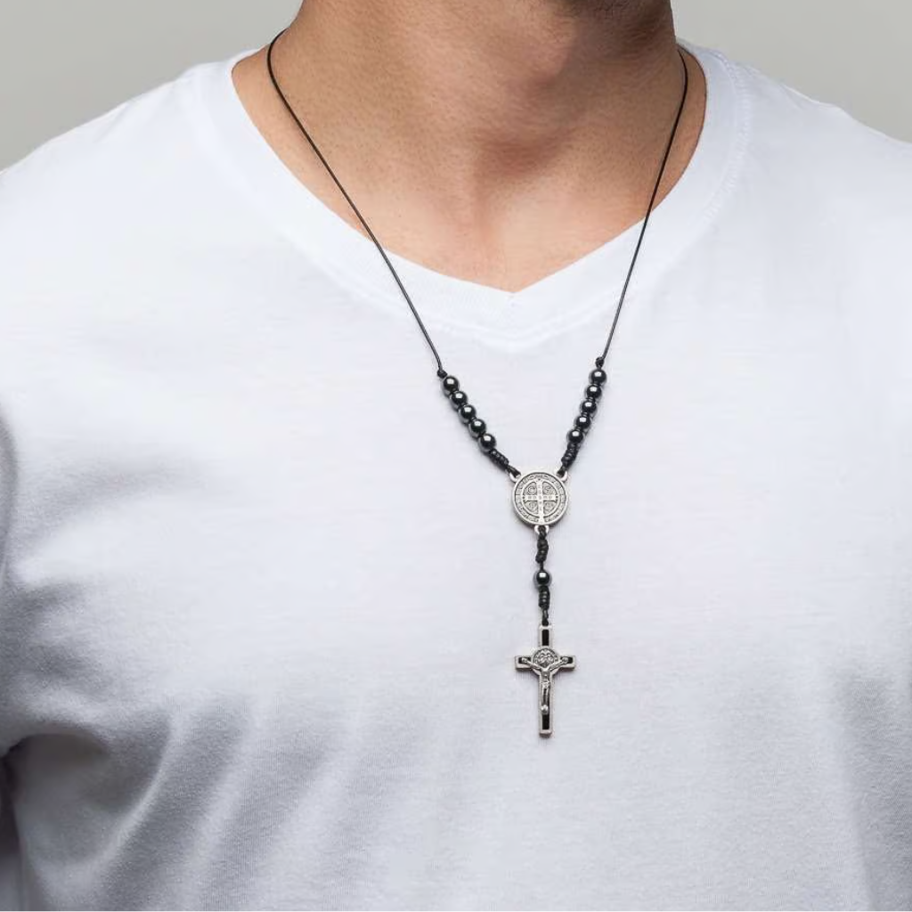 Necklace with a dozen hematite cross of Saint Benedict
