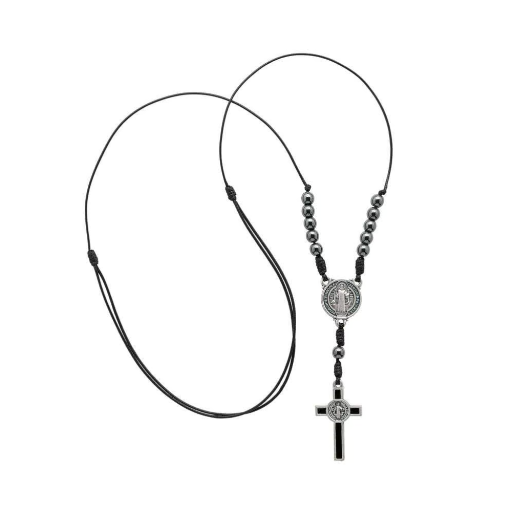 Necklace with a dozen hematite cross of Saint Benedict