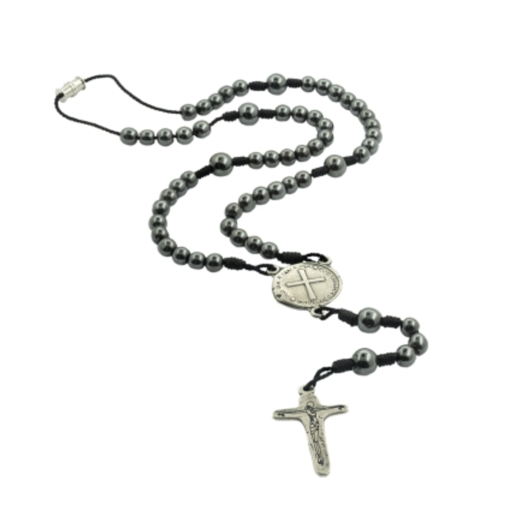 Rosary Necklace Hematite Medal of the Two Crosses