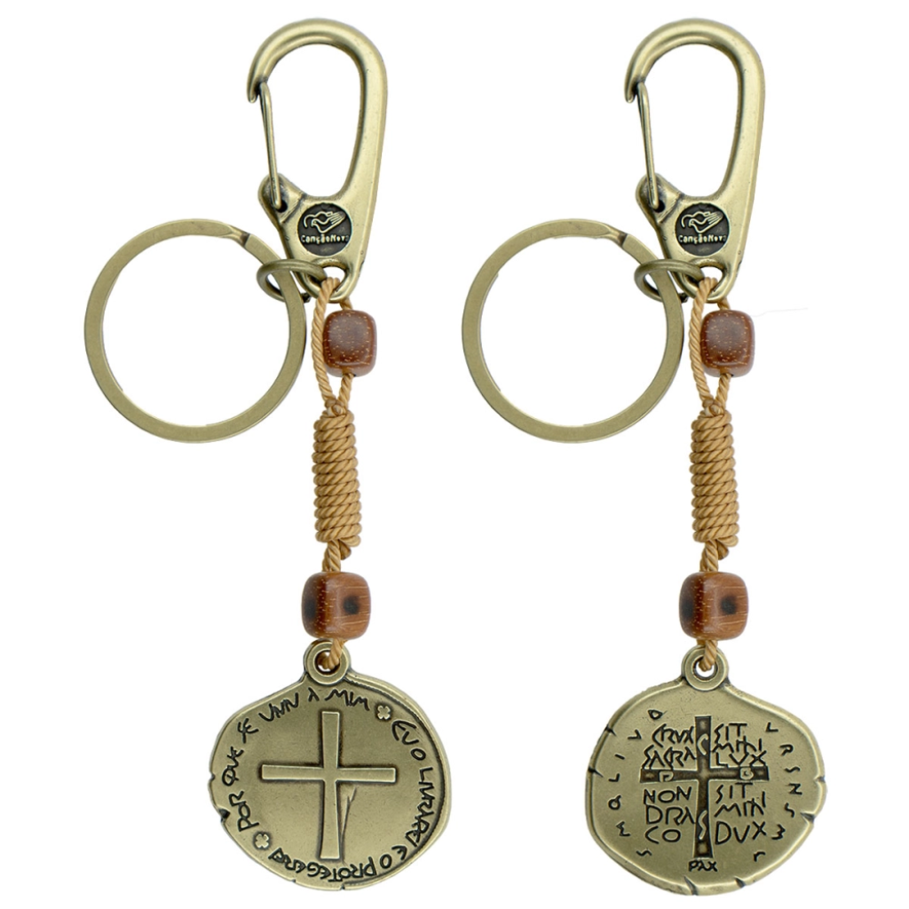 Two Crosses Medal Keychain with Square Beads