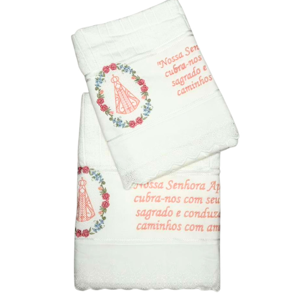Embroidered Our Lady of Aparecida Bath and Face Towel Set