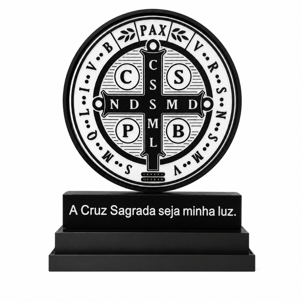 Medalha Giratória de São Bento com Base Decorativa e Oração - Impressa em 3D