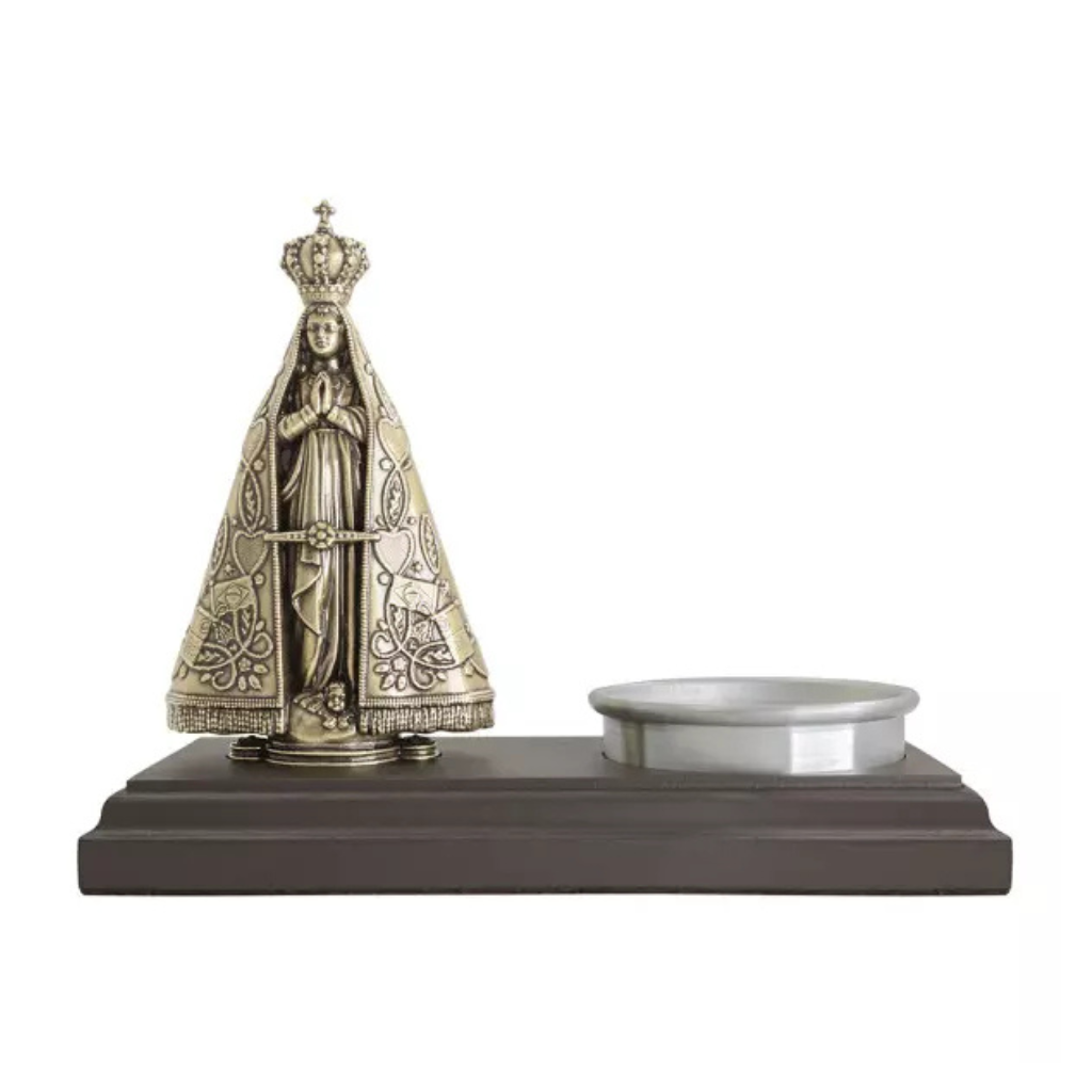 Porta Velas Imagem Nossa Senhora Aparecida em Metal Ouro Velho 17cm