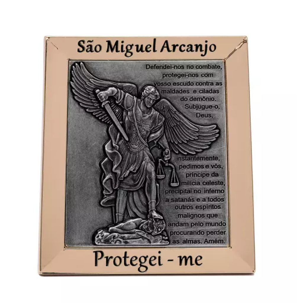Quadro de São Miguel Arcanjo com Oração Dourado com Prata Velha