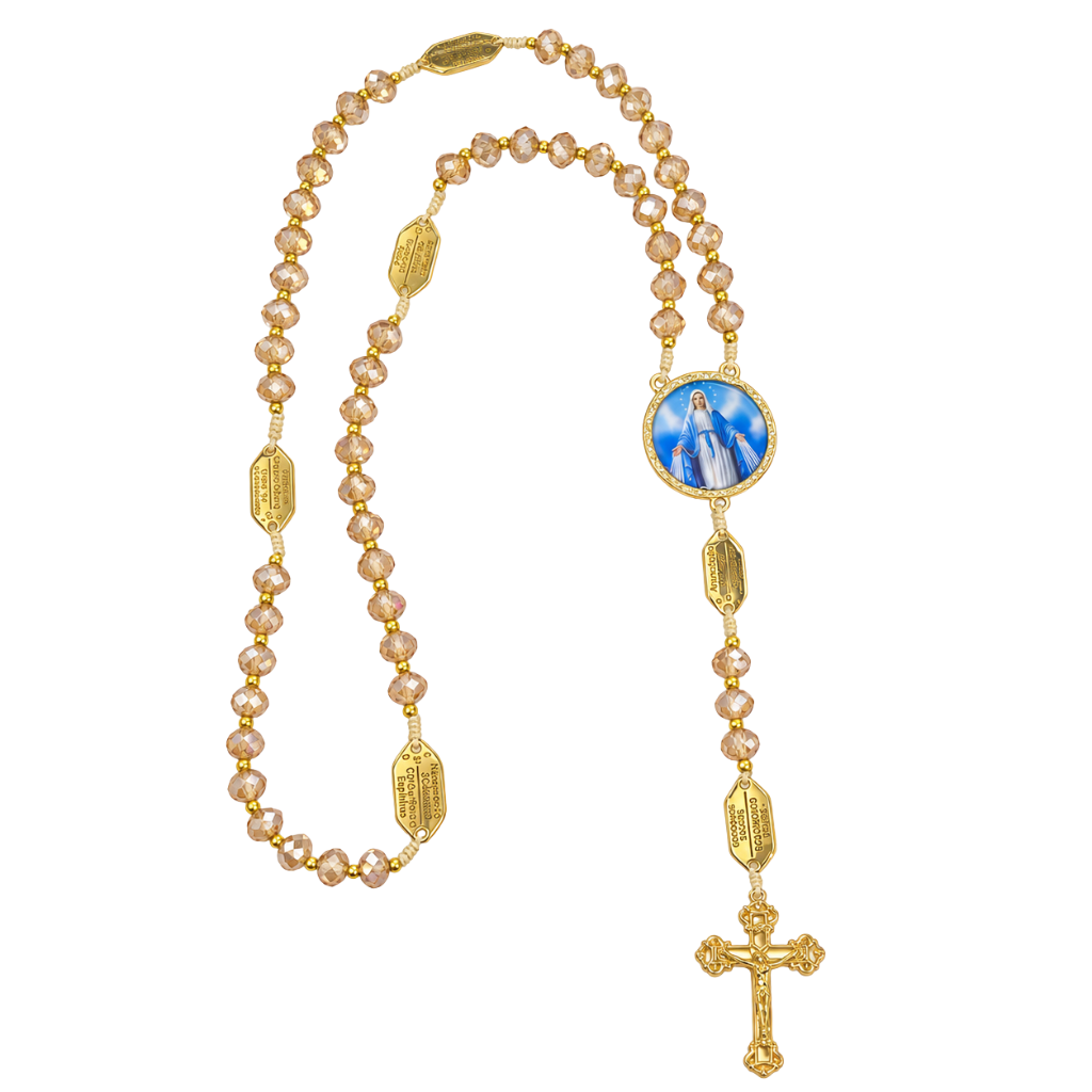 Terço Nossa Senhora das Graças em Cristais Champagne