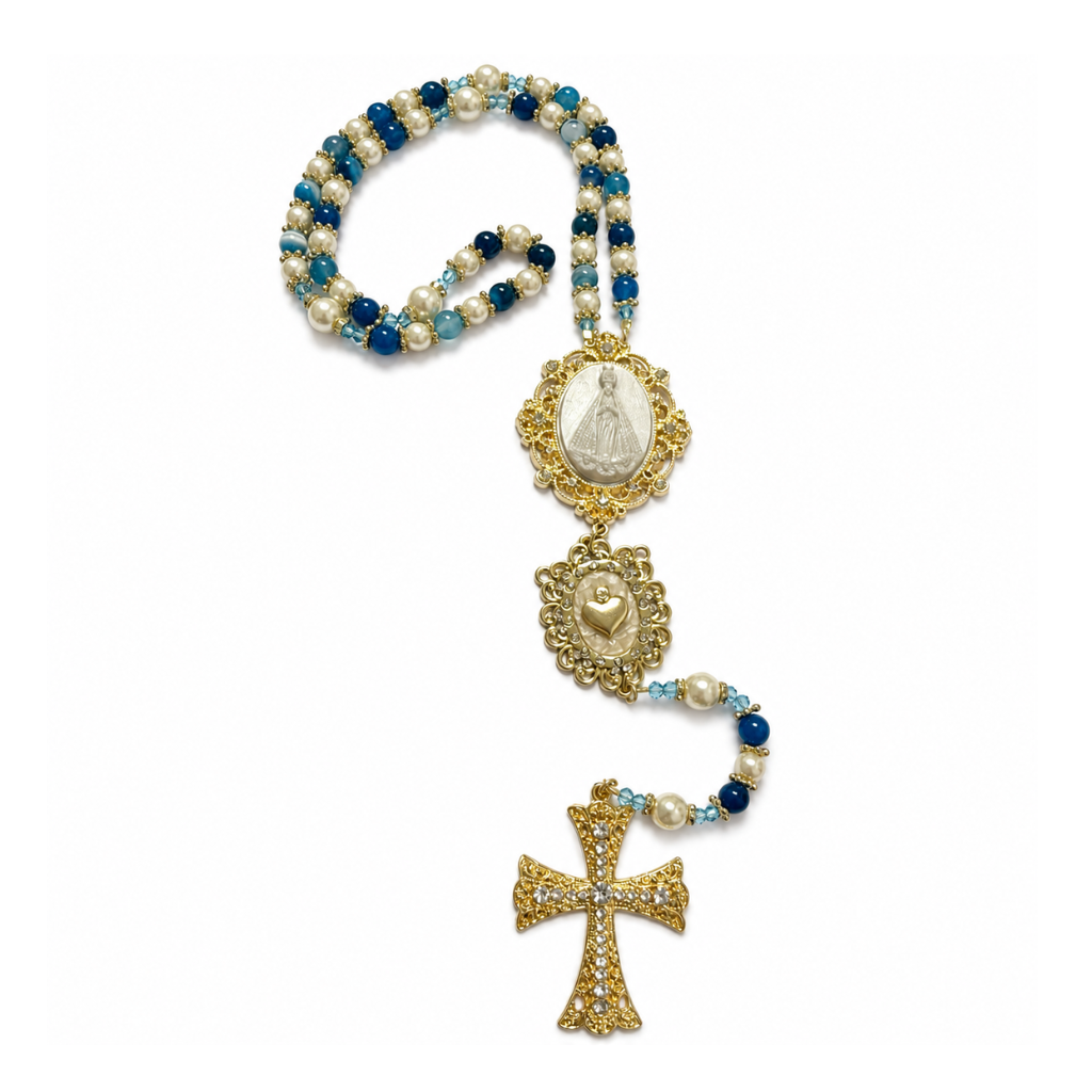 Terço de N. Sra. Aparecida E Sagrado Coração - Azul