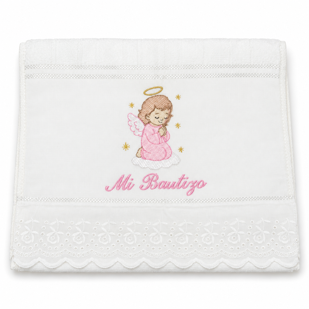 Toalha de Batismo Infantil Santo Anjo Rosa