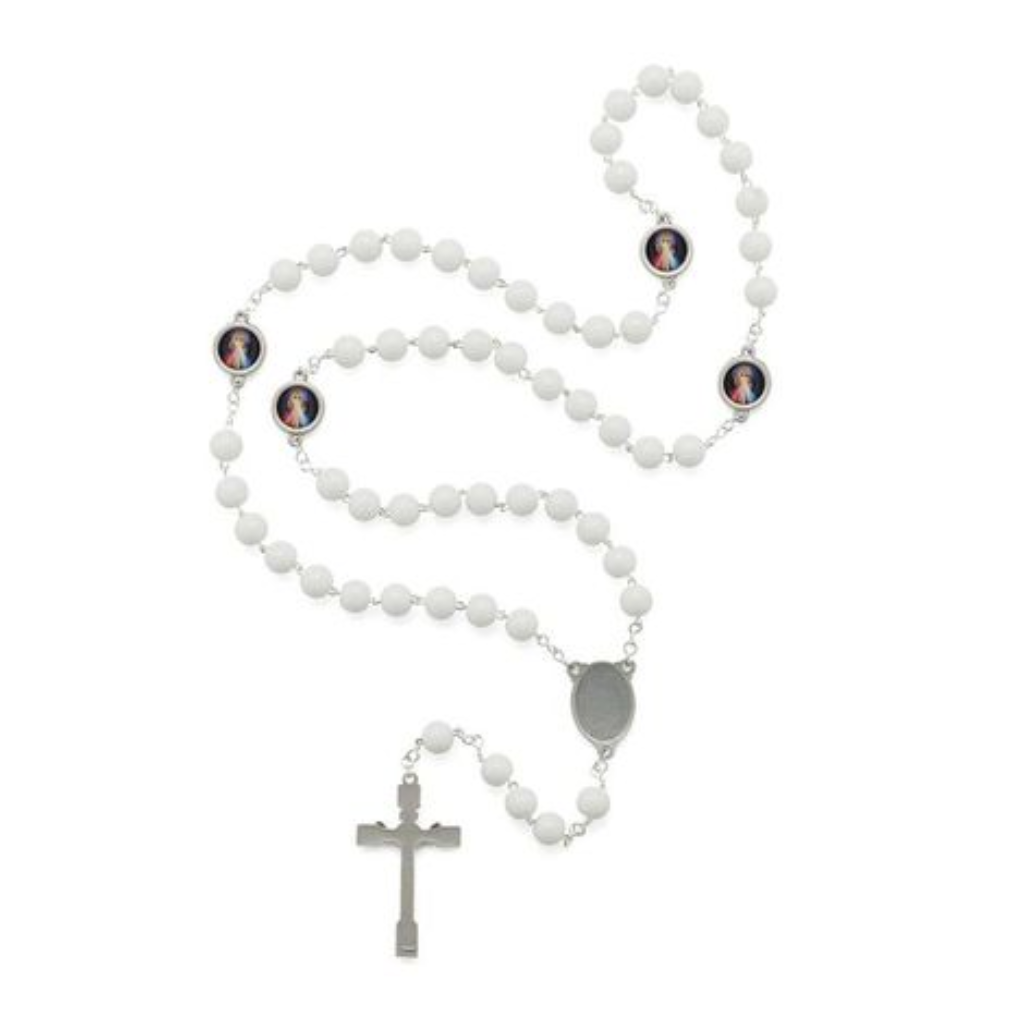 Terço Glacial Branco 8 mm Jesus Misericordioso