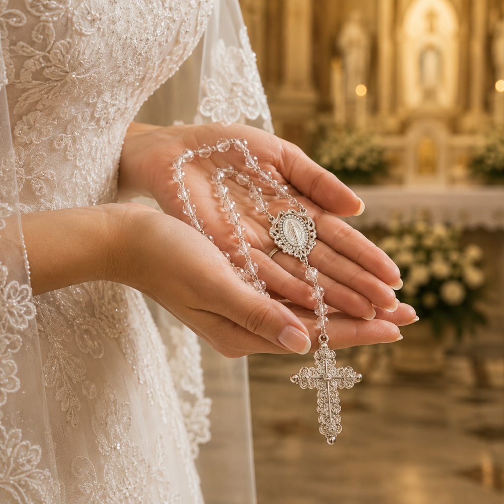 Terço de Noiva Cristal Prata com Strass