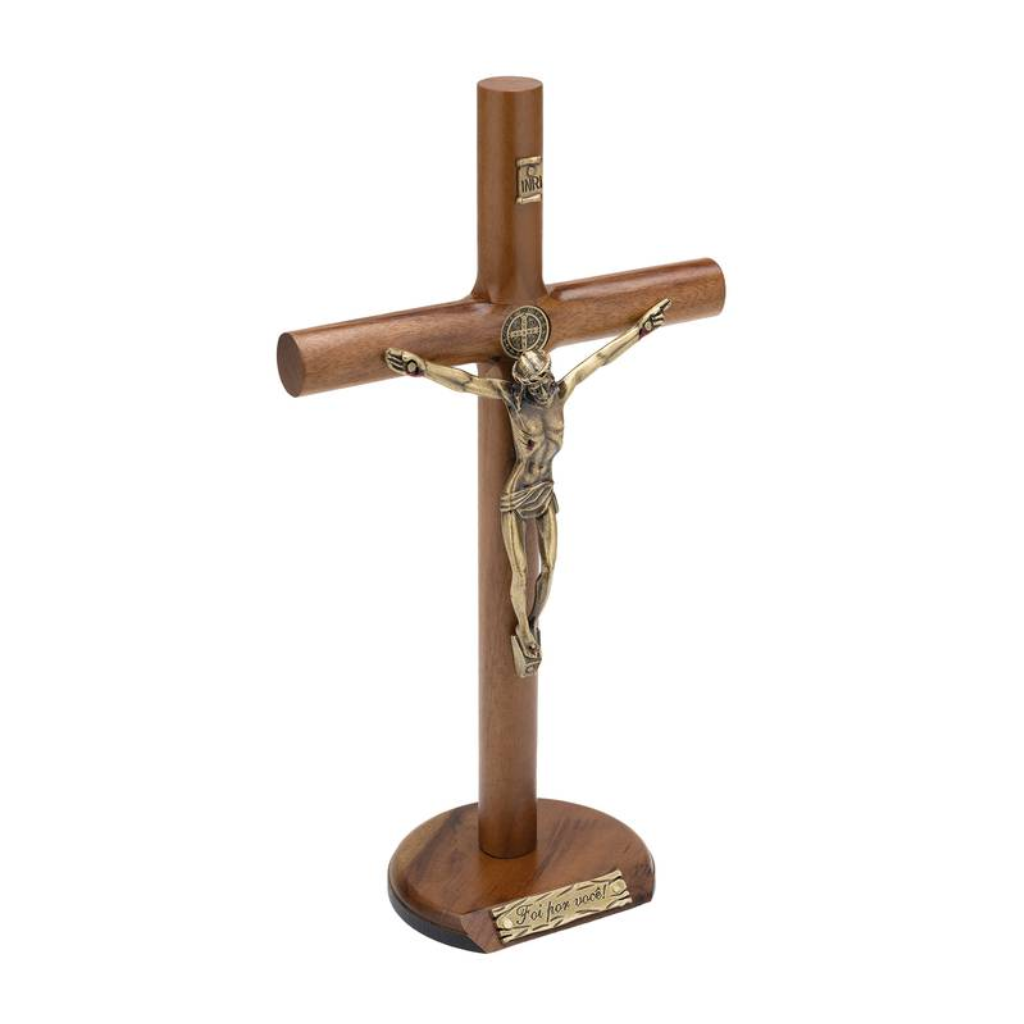 Crucifixo De Mesa Cilíndrica Com São Bento 26cm