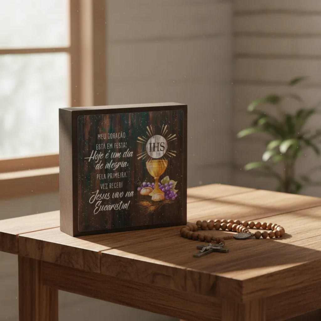 Eucharist Souvenir Block in Rustic Brown Imbuia Wood