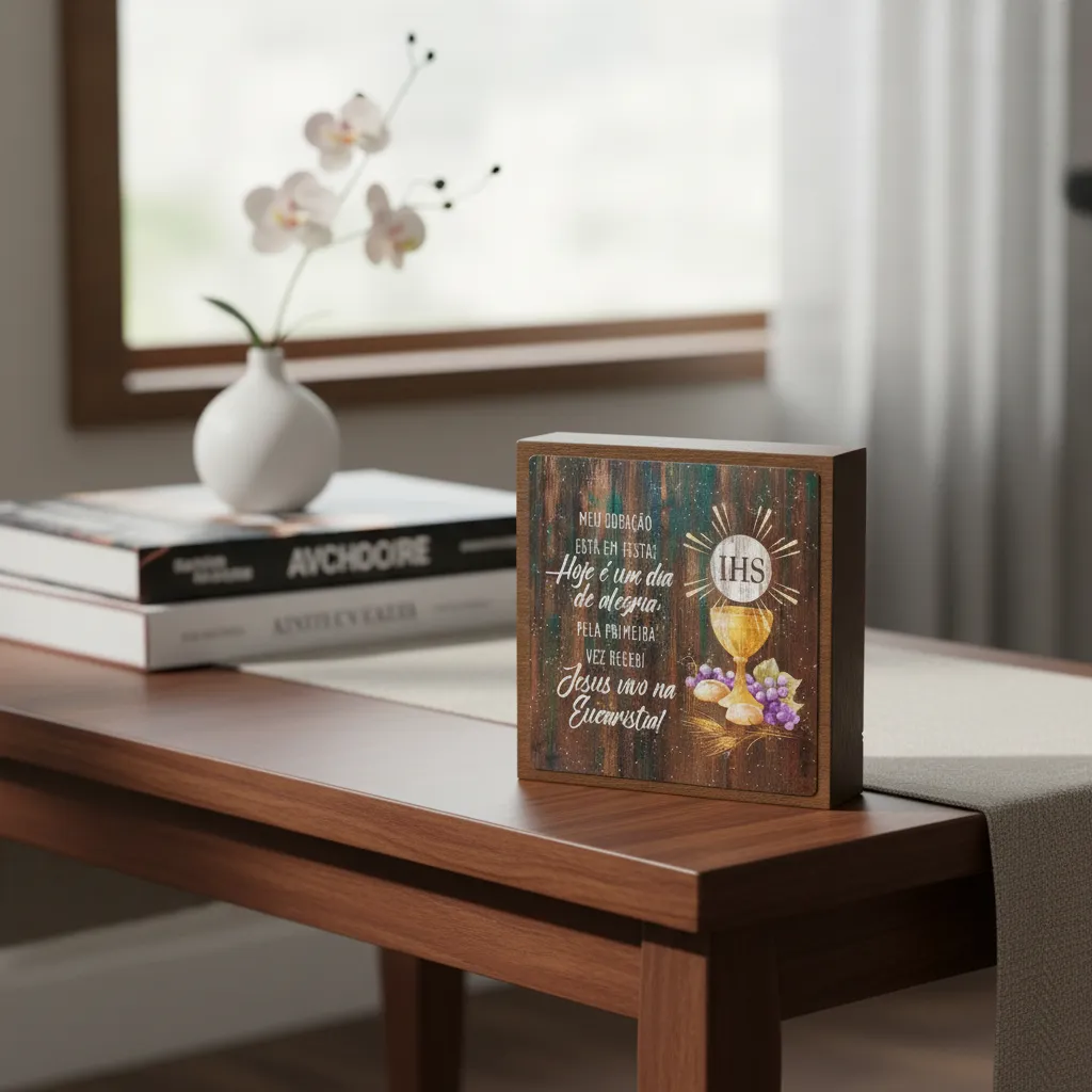 Eucharist Souvenir Block in Rustic Brown Imbuia Wood