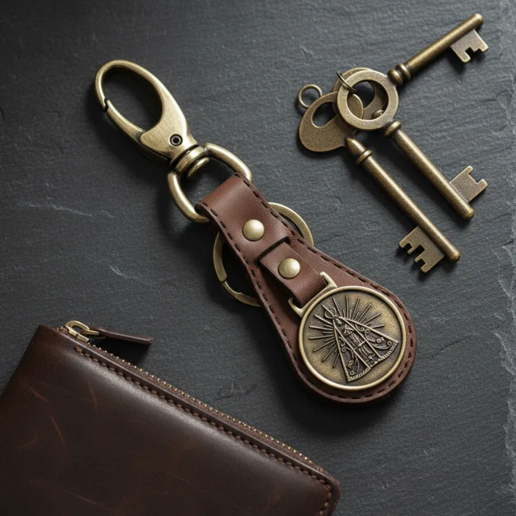 Llavero de Nuestra Señora de Aparecida con Nudo de Mosca, Cuero Marrón, Metal