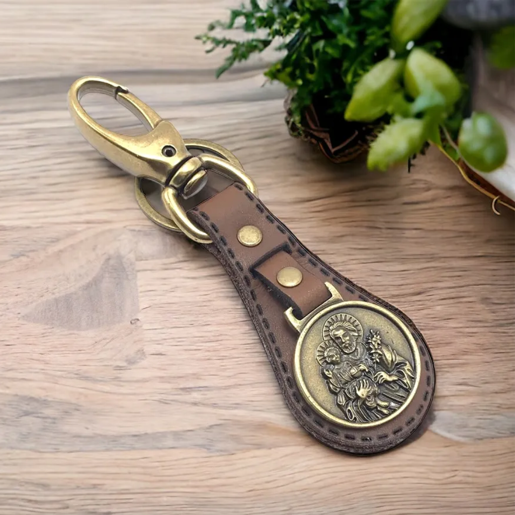 St. Joseph Keychain, Brown Leather, Luxury Antique Gold