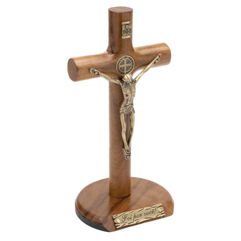 Cylindrical Crucifix for Wall and Table, Saint Benedict, Gold, 17 cm, Brown