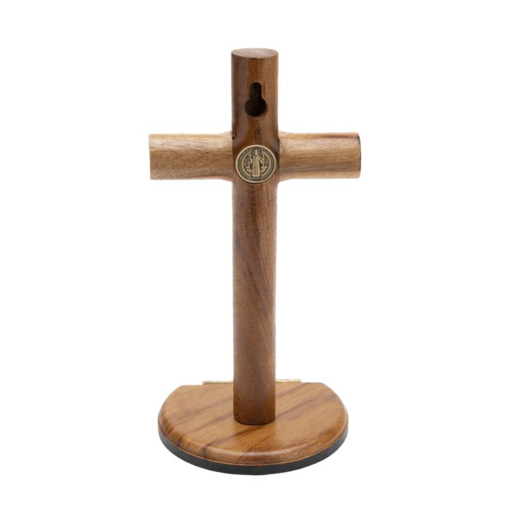 Cylindrical Crucifix for Wall and Table, Saint Benedict, Gold, 17 cm, Brown