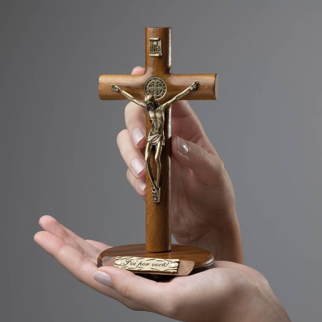 Cylindrical Crucifix for Wall and Table, Saint Benedict, Gold, 17 cm, Brown