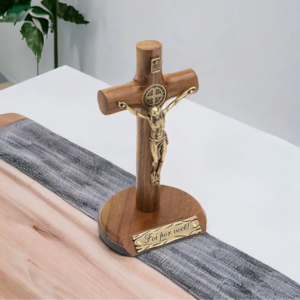 Cylindrical Crucifix for Wall and Table, Saint Benedict, Gold, 17 cm, Brown