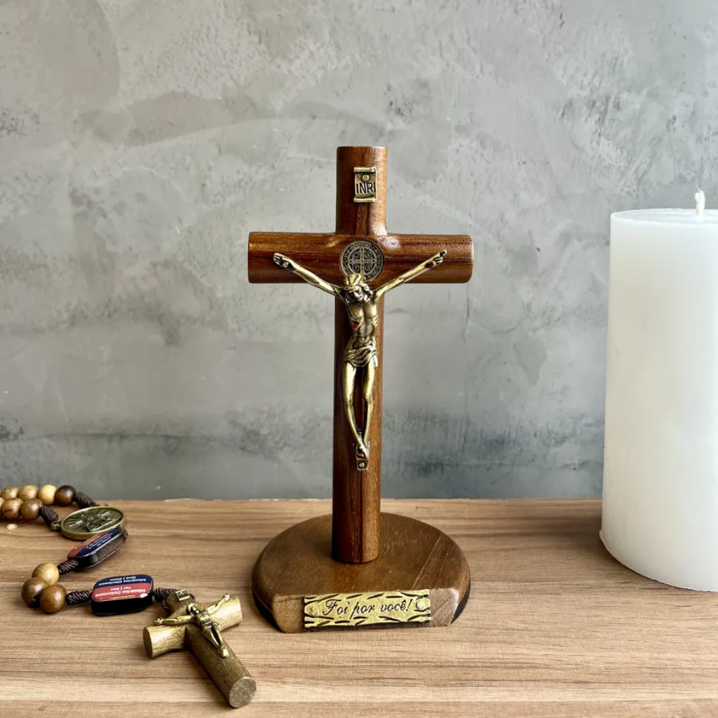 Cylindrical Crucifix for Wall and Table, Saint Benedict, Gold, 17 cm, Brown