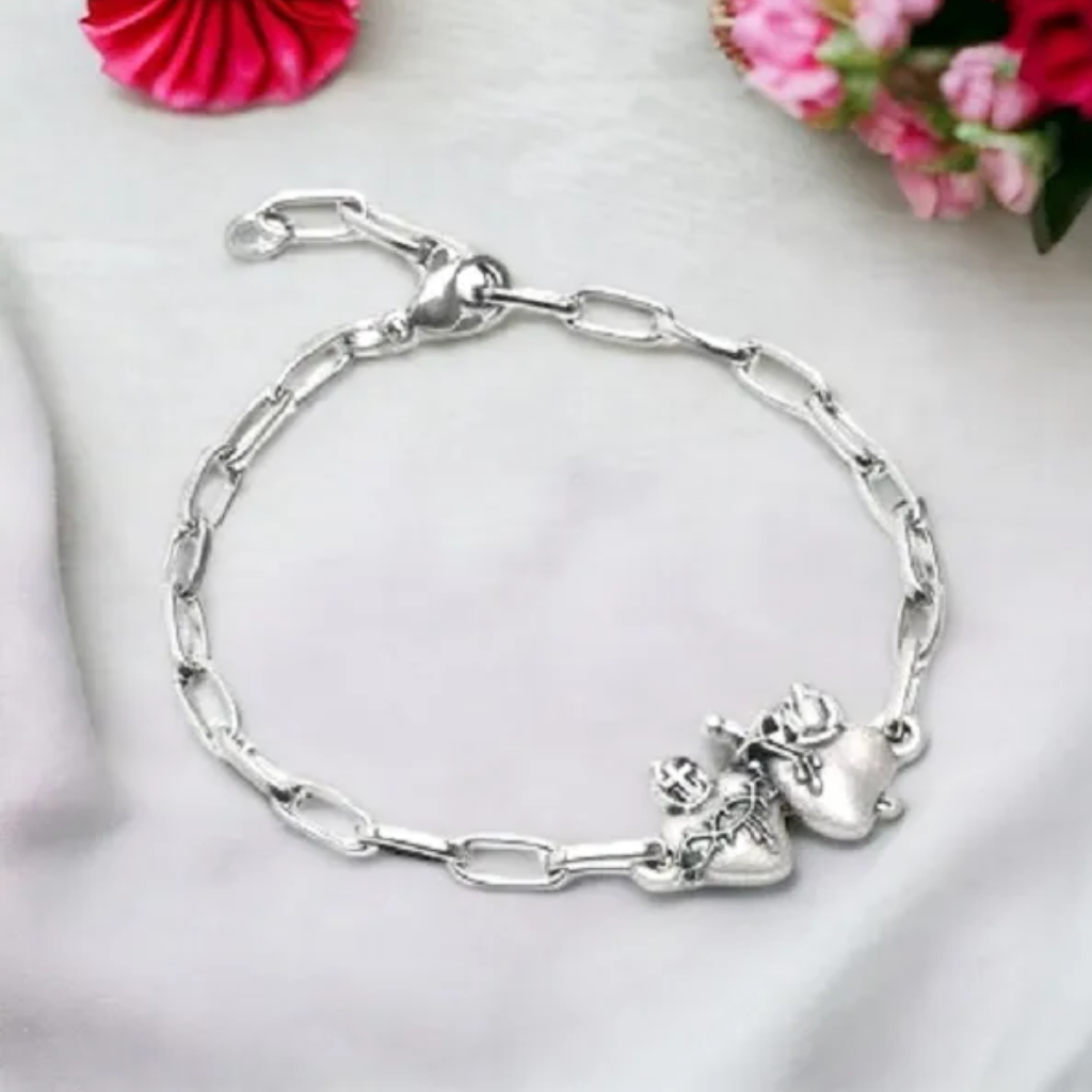 Pulsera de acero inoxidable con colgante Sagrados Corazones de Jesús y María.
