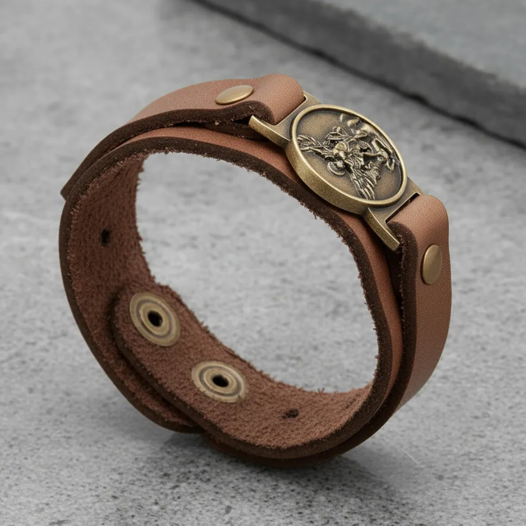 Pulsera de cuero marrón Sao Miguel Ov con botón